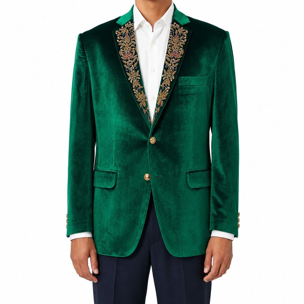 Mens 42R Emerald Green Velvet Blazer Hand Embroidered Lapel Formal Tuxedo Jacket